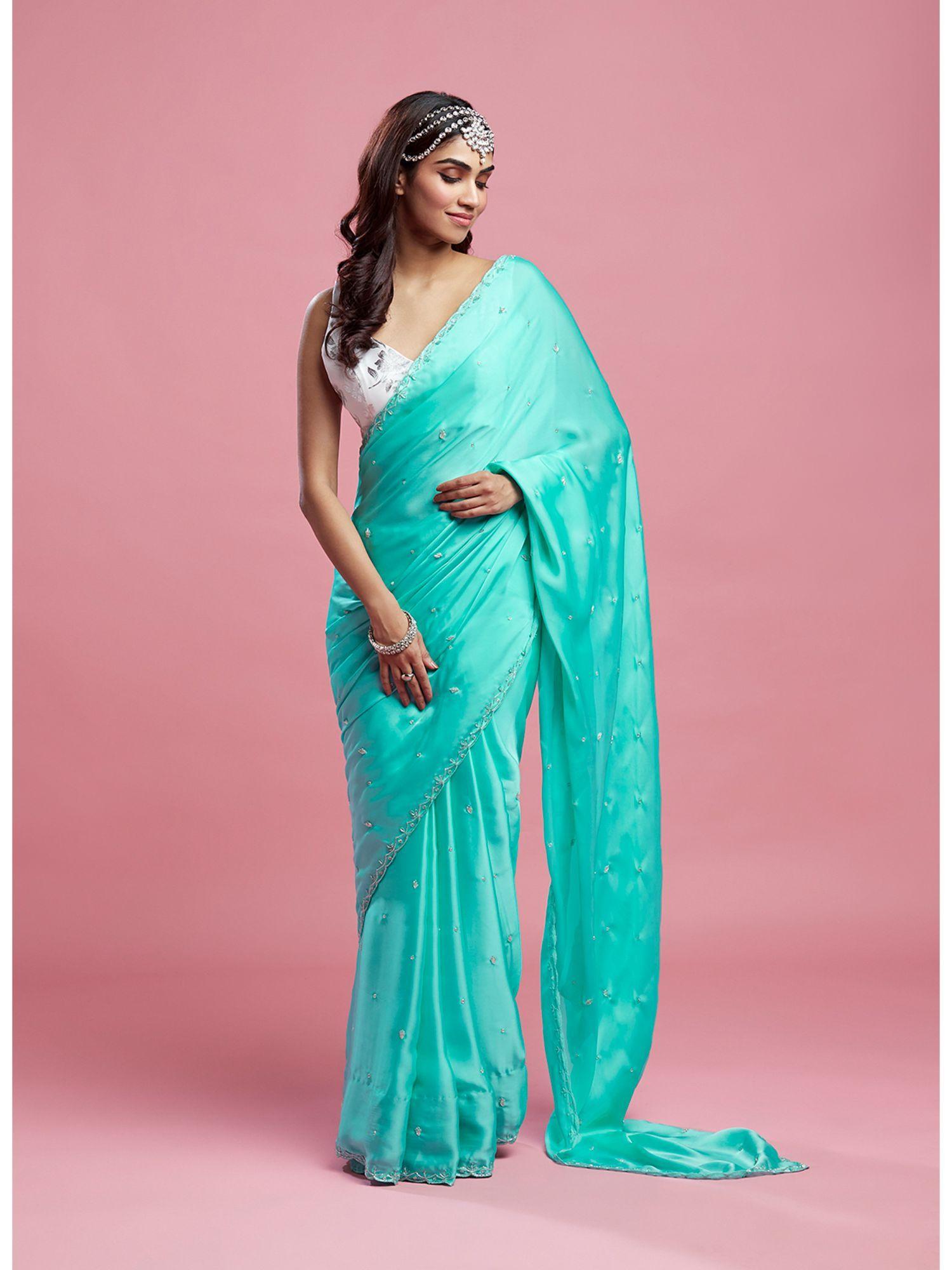 turquoise satin saree with stitched blouse