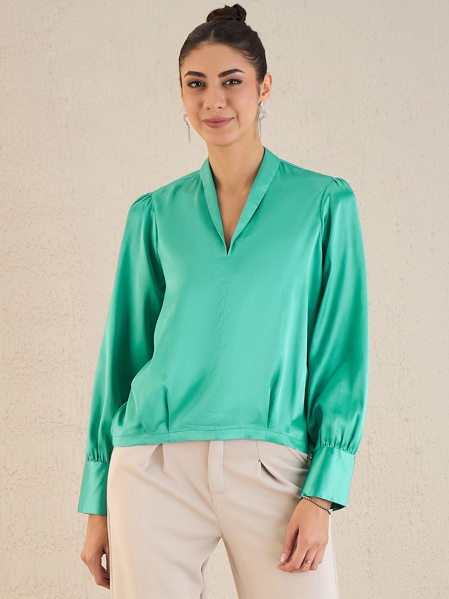 turquoise shawl collar satin top