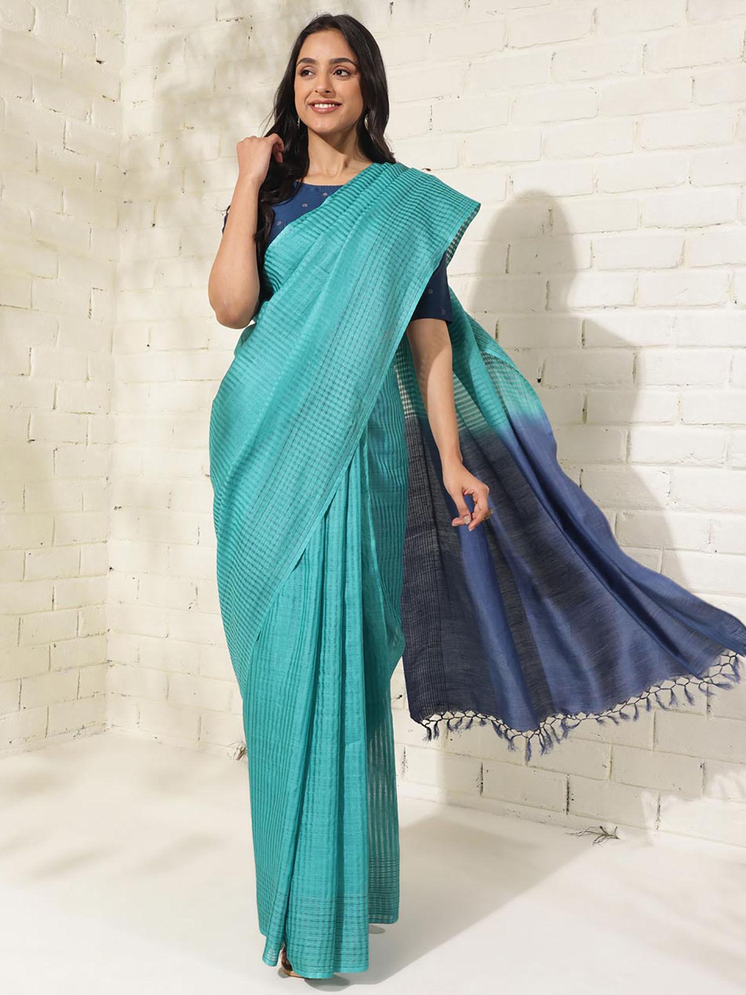 turquoise silk blend striped woven saree without blouse