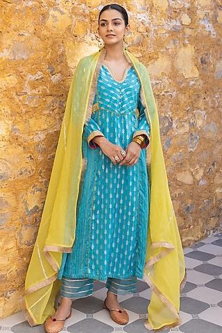 turquoise silk blend zari embroidered a-line kurta set