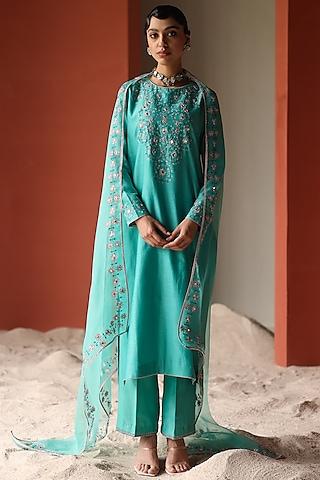 turquoise silk chanderi thread embroidered kurta set