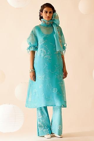 turquoise silk organza floral printed & sequins embroidered tunic