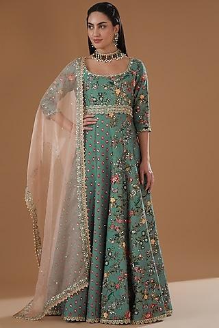 turquoise silk printed & embroidered long anarkali set