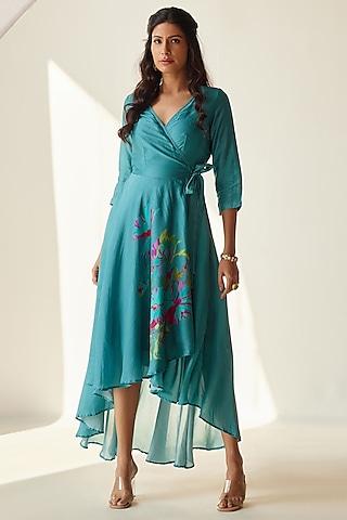 turquoise silk printed wrap dress