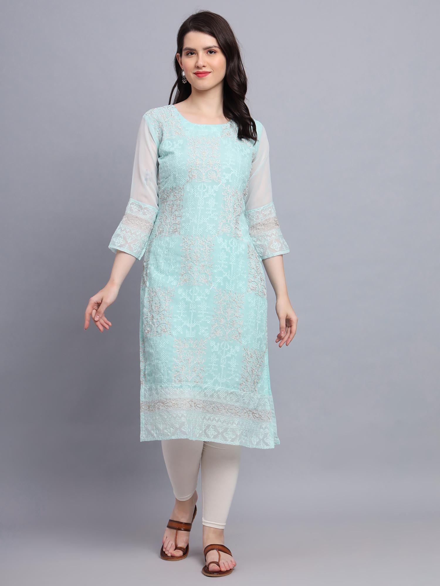 turquoise soft georgette kurta lucknowi chikankari work straigh kurta