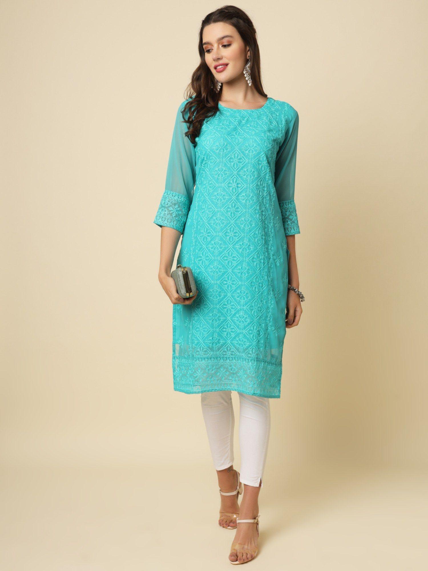 turquoise soft georgette lucknowi chikankari kurta