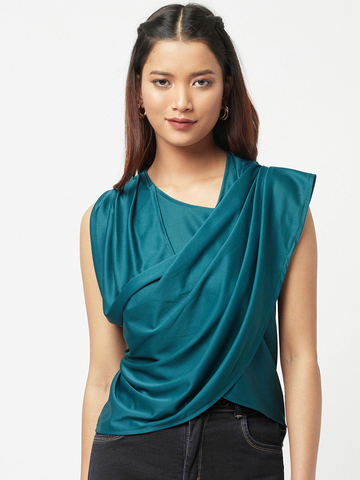 turquoise solid asymmetrical draped turquoise top