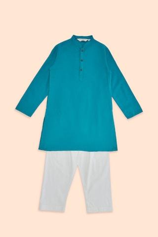 turquoise solid casual mandarin full sleeves thigh-length boys regular fit pant kurta set
