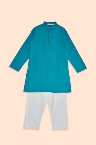 turquoise solid casual mandarin full sleeves thigh-length boys regular fit pant kurta set