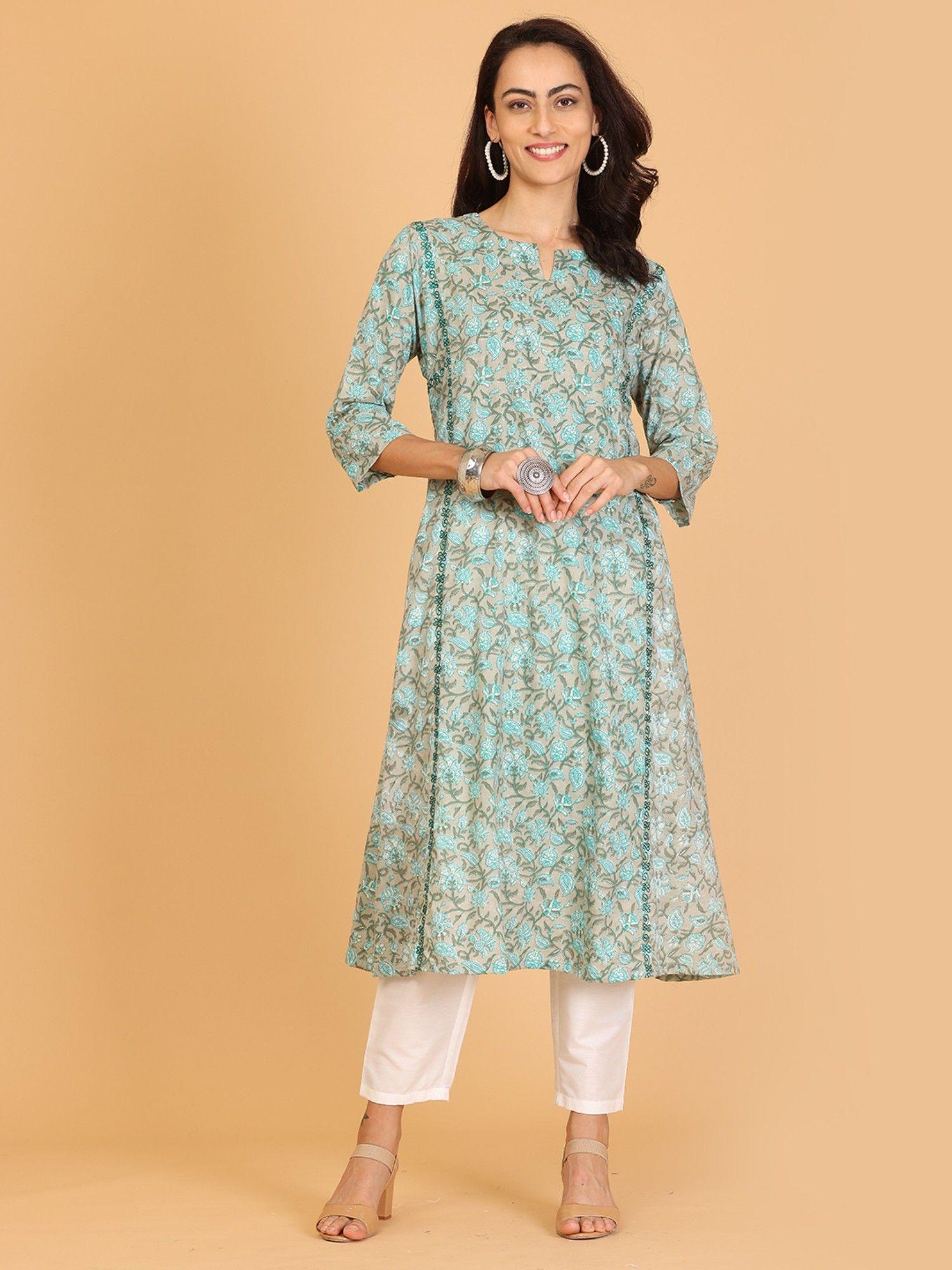 turquoise solid embroidered flayred kurta with pant (set of 2)