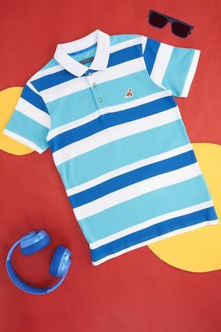 turquoise stripe casual half sleeves polo neck boys regular fit t-shirt