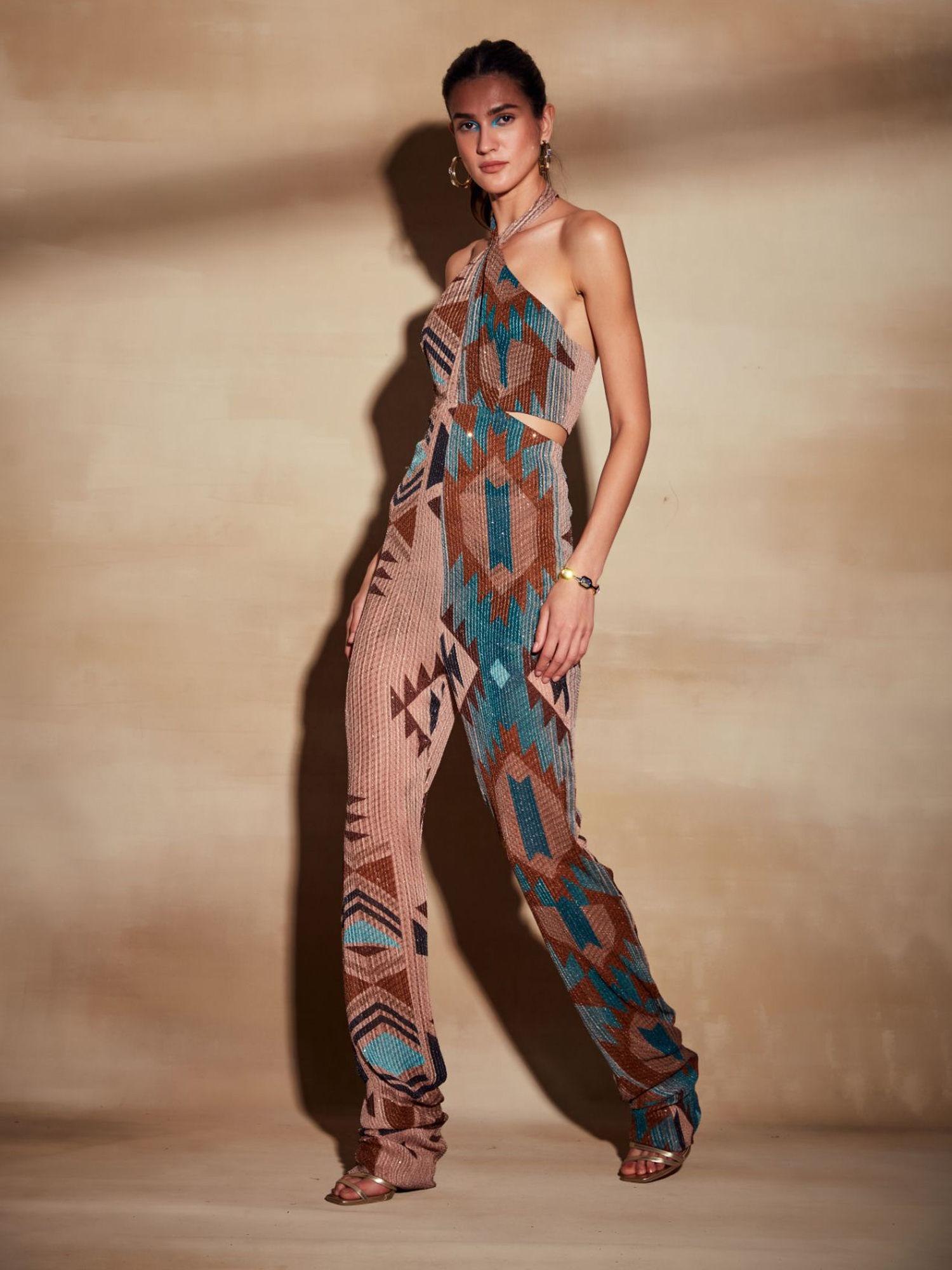 turquoise tapis and multi colourprint jumpsuit