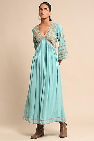 turquoise tussar silk embroidered midi dress