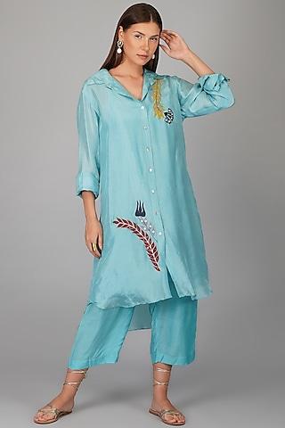turquoise upada silk applique long shirt tunic set