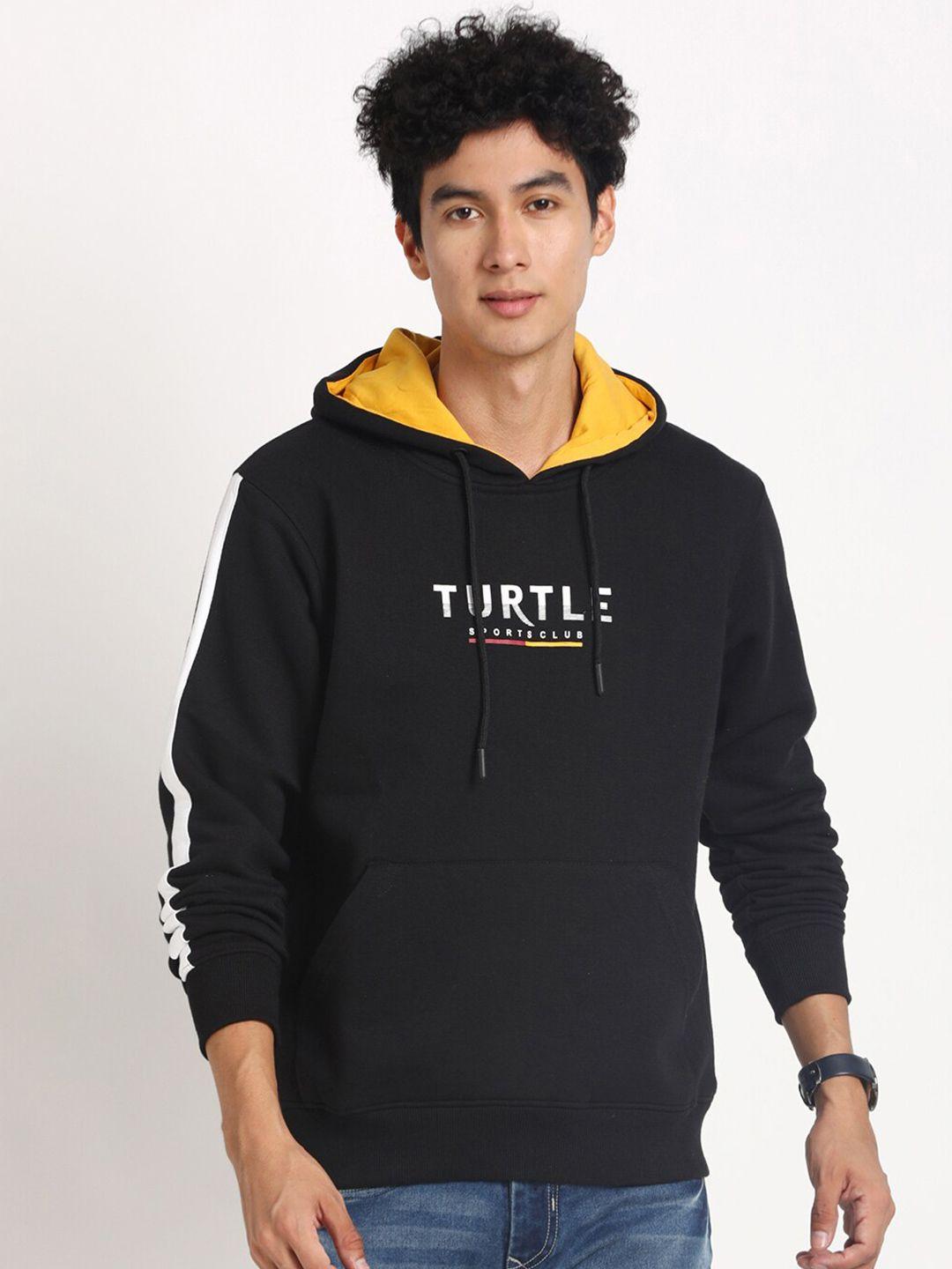 turtle typography printed hooded cotton pullover sweatshirt