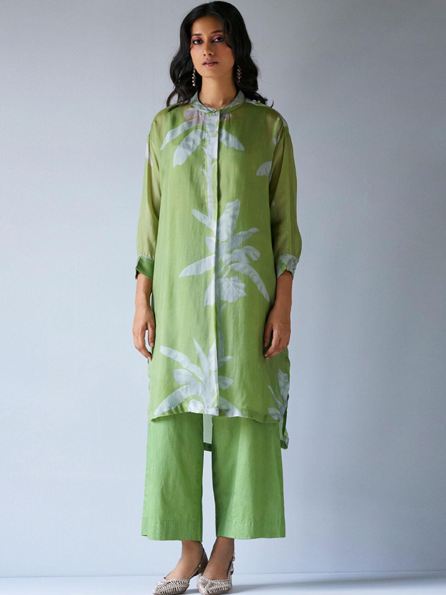 turtle green and grey bemberg silk printed kurta pant (set of 2)