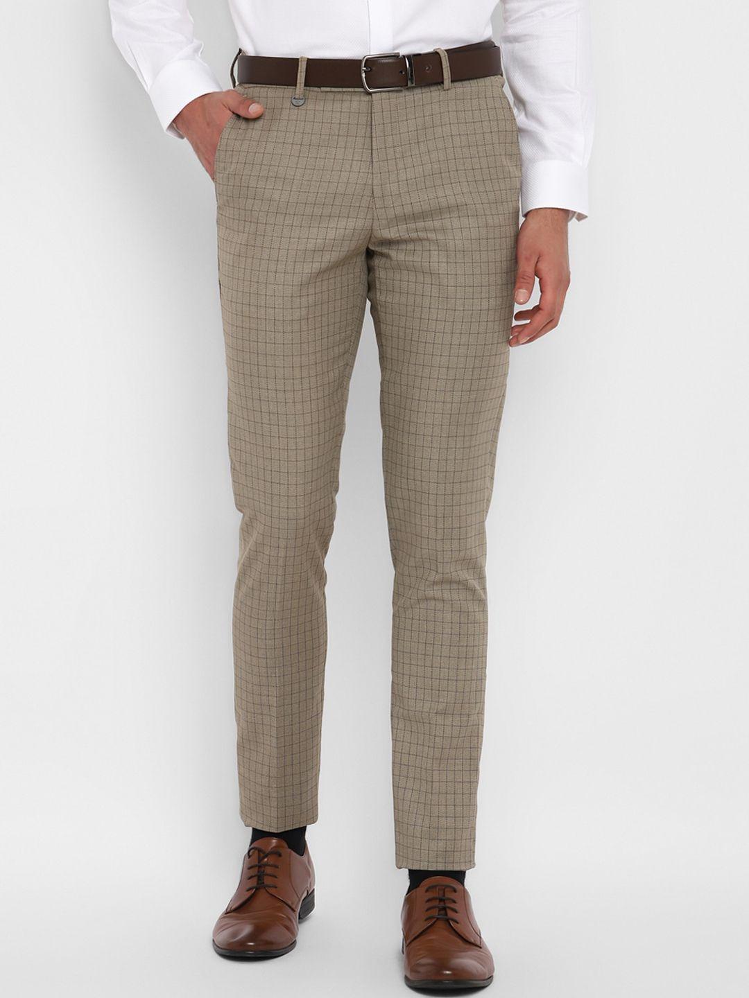 turtle men beige checked skinny fit formal trousers