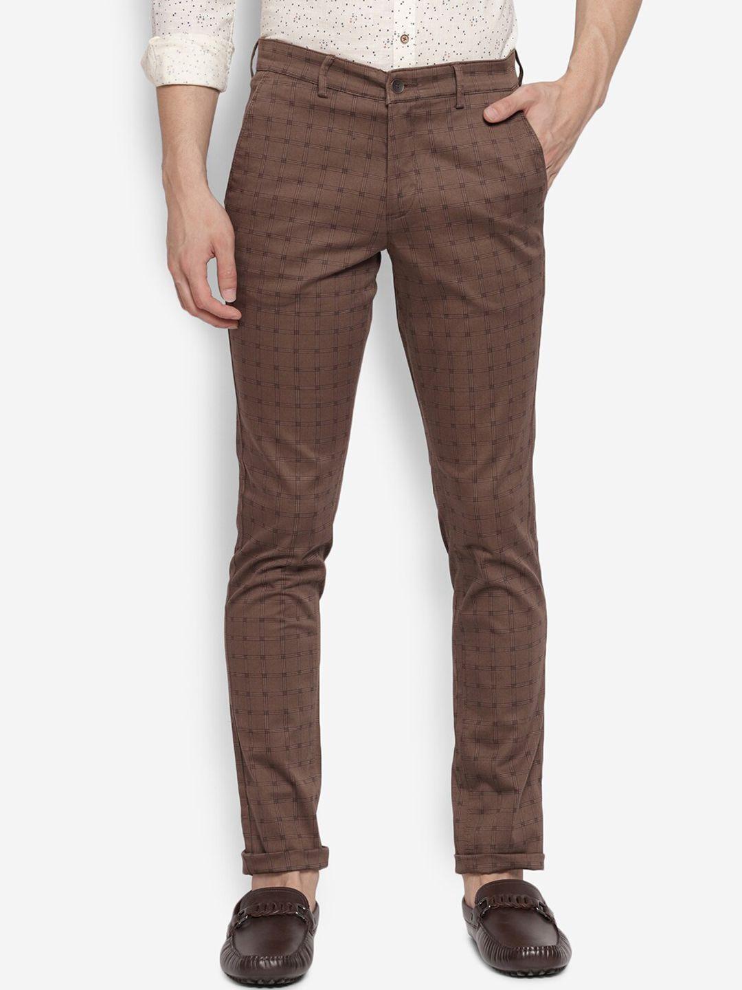 turtle men brown checked relaxed tapered fit chinos trousers