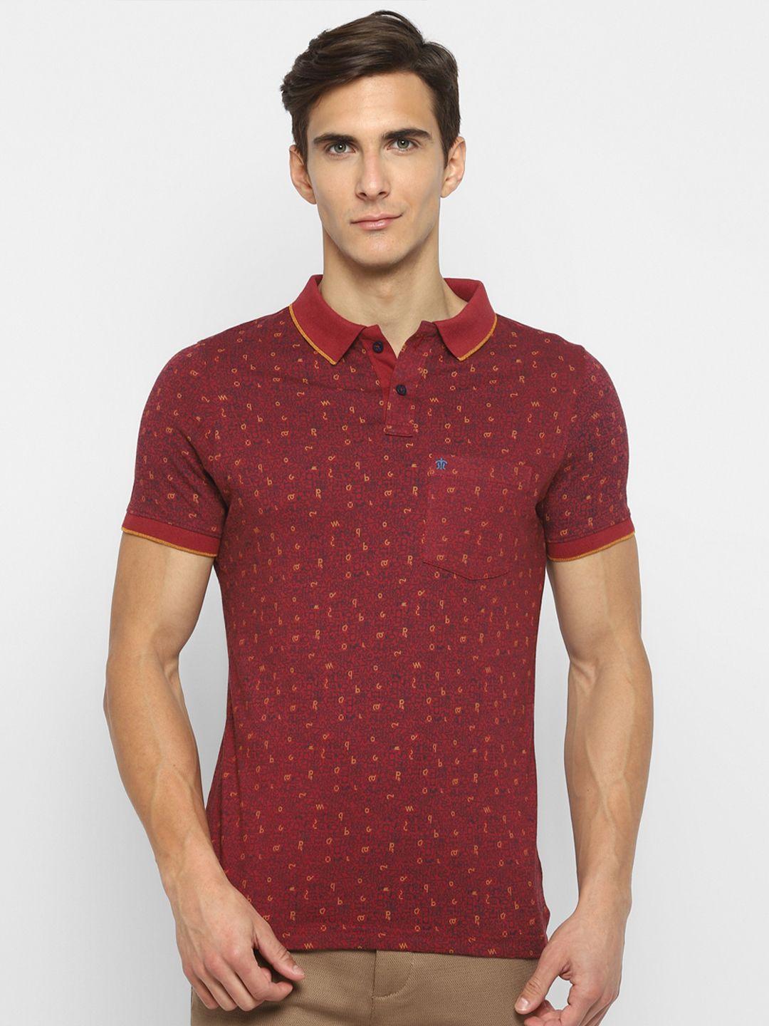 turtle men maroon cotton printed polo collar slim fit t-shirt