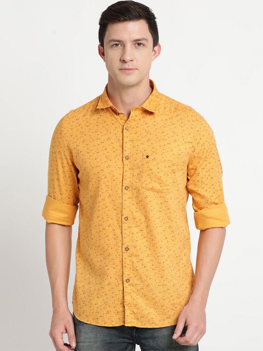 turtle men mustard slim fit printed cotton casual shirt