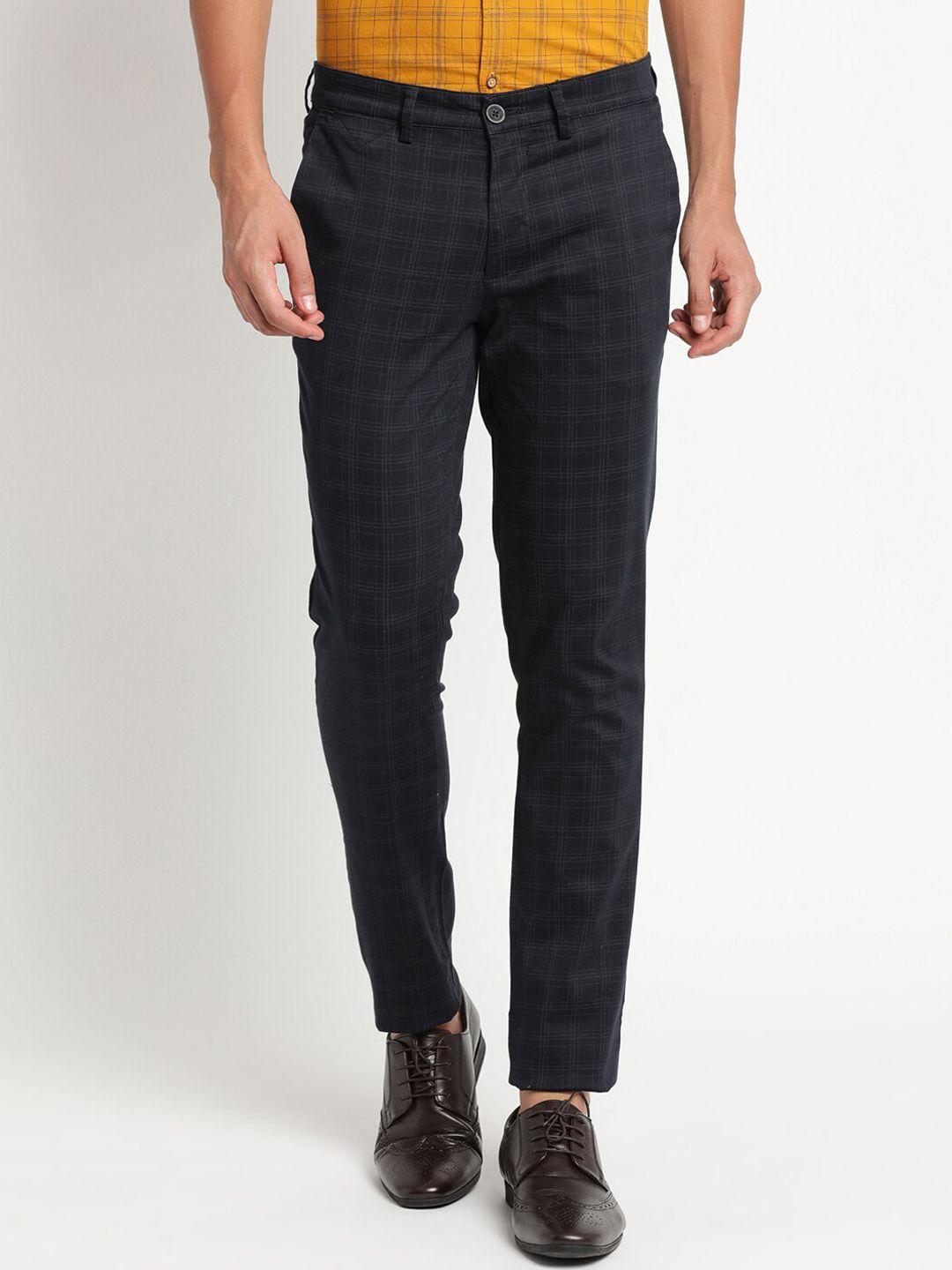 turtle men navy blue checked relaxed tapered fit trousers