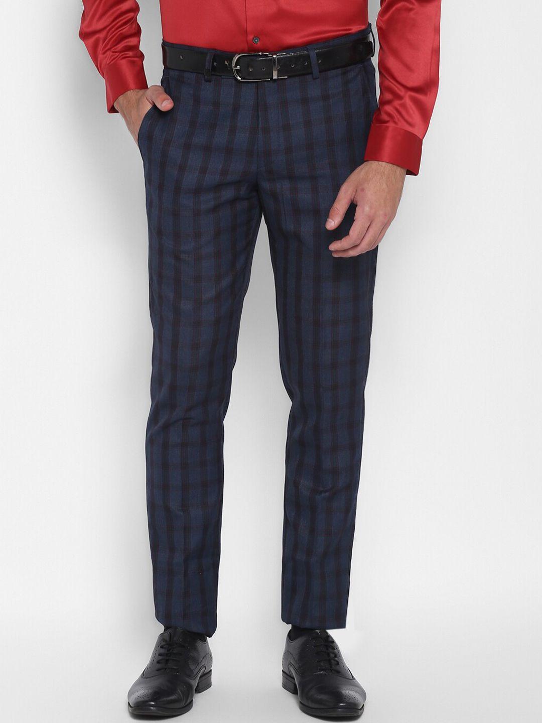 turtle men navy blue checked tailored skinny fit trousers