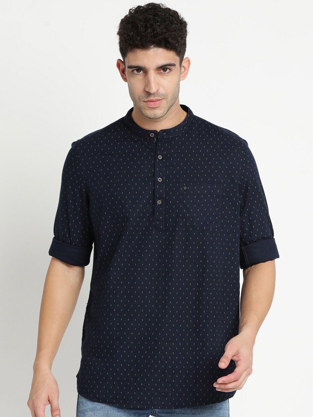 turtle men navy blue printed pure cotton short kurta