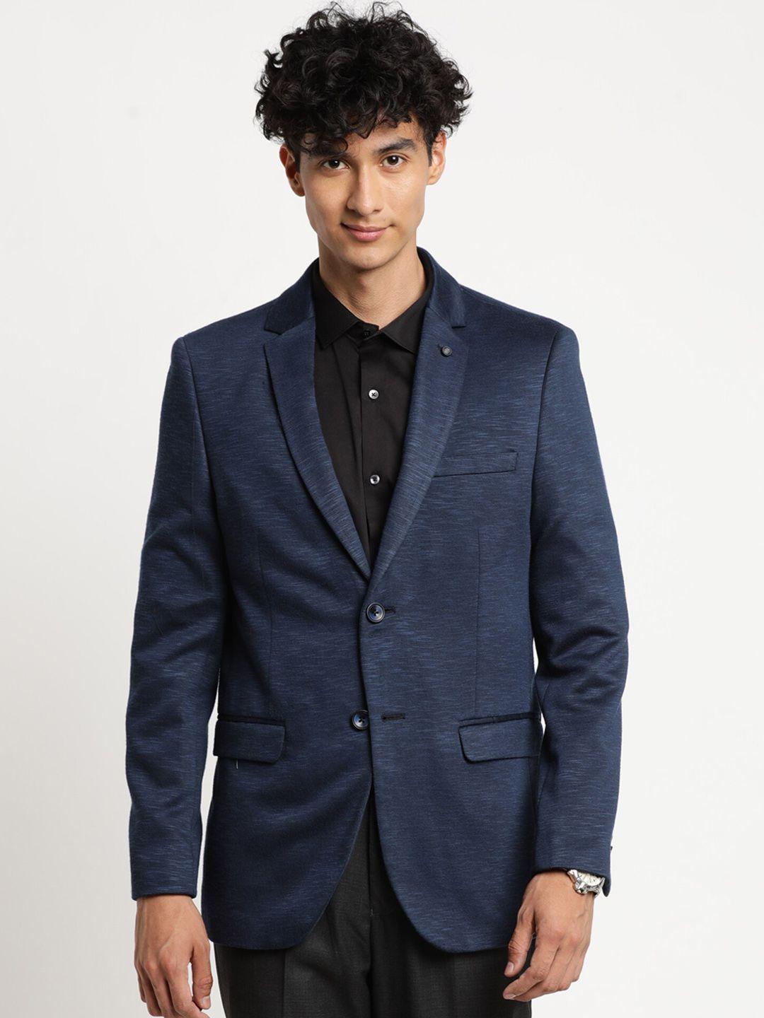 turtle men navy blue self-design single-breasted casual blazer