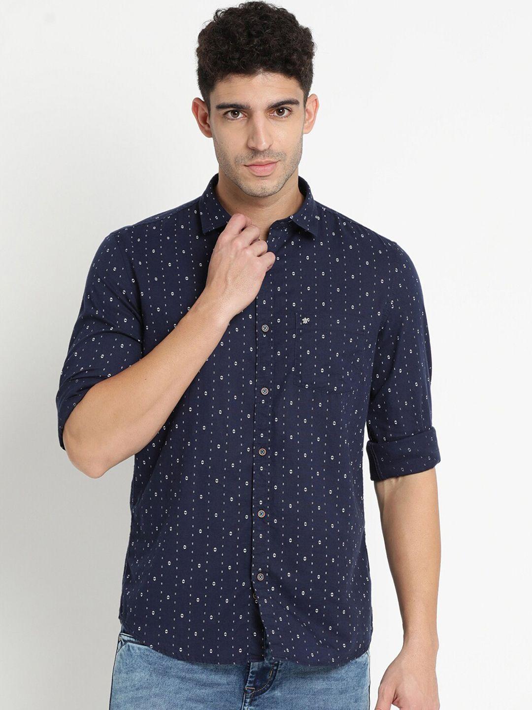 turtle men navy blue slim fit printed pure cotton casual shirt