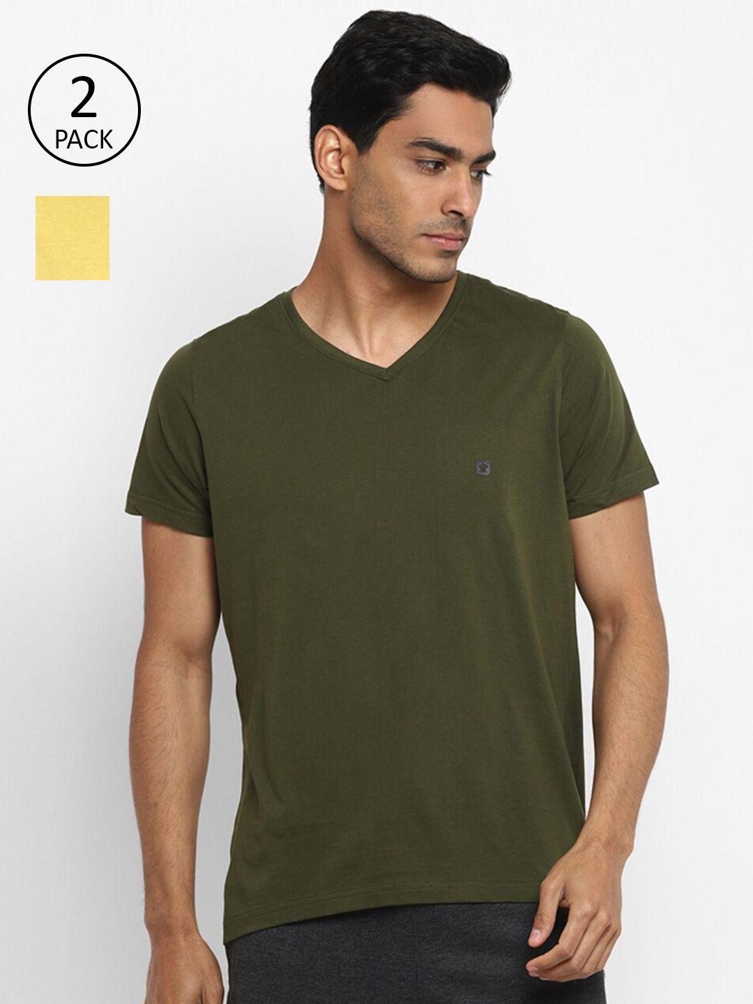 turtle men olive green & yellow set of 2 v-neck slim fit t-shirt
