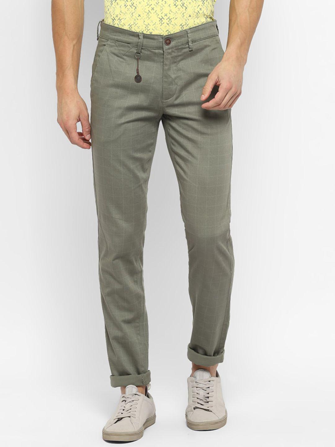 turtle men olive green checked ultra slim fit cotton trousers