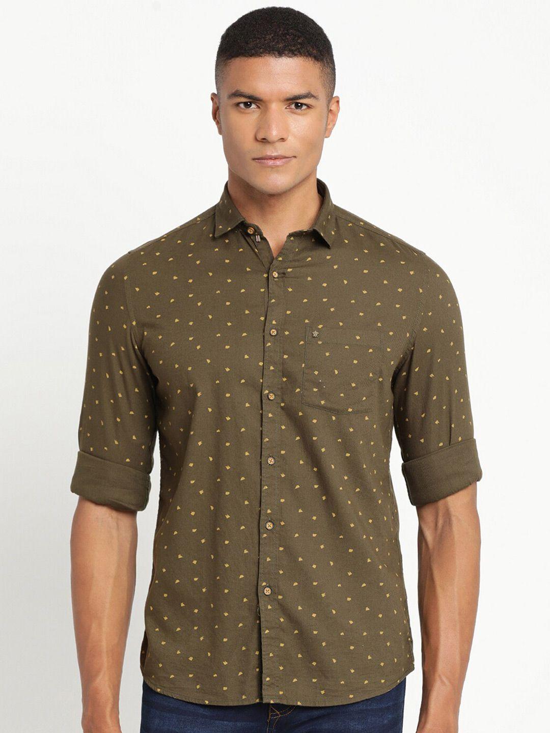 turtle men olive green slim fit printed cotton  casual shirt