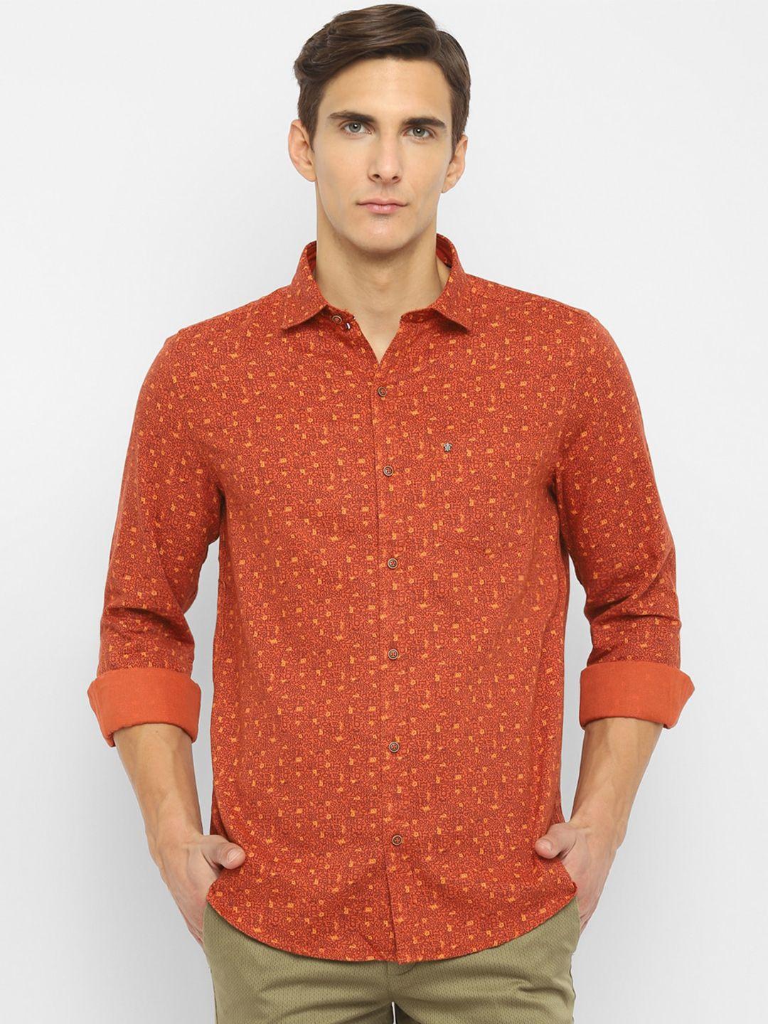 turtle men orange slim fit printed cotton casual shirt