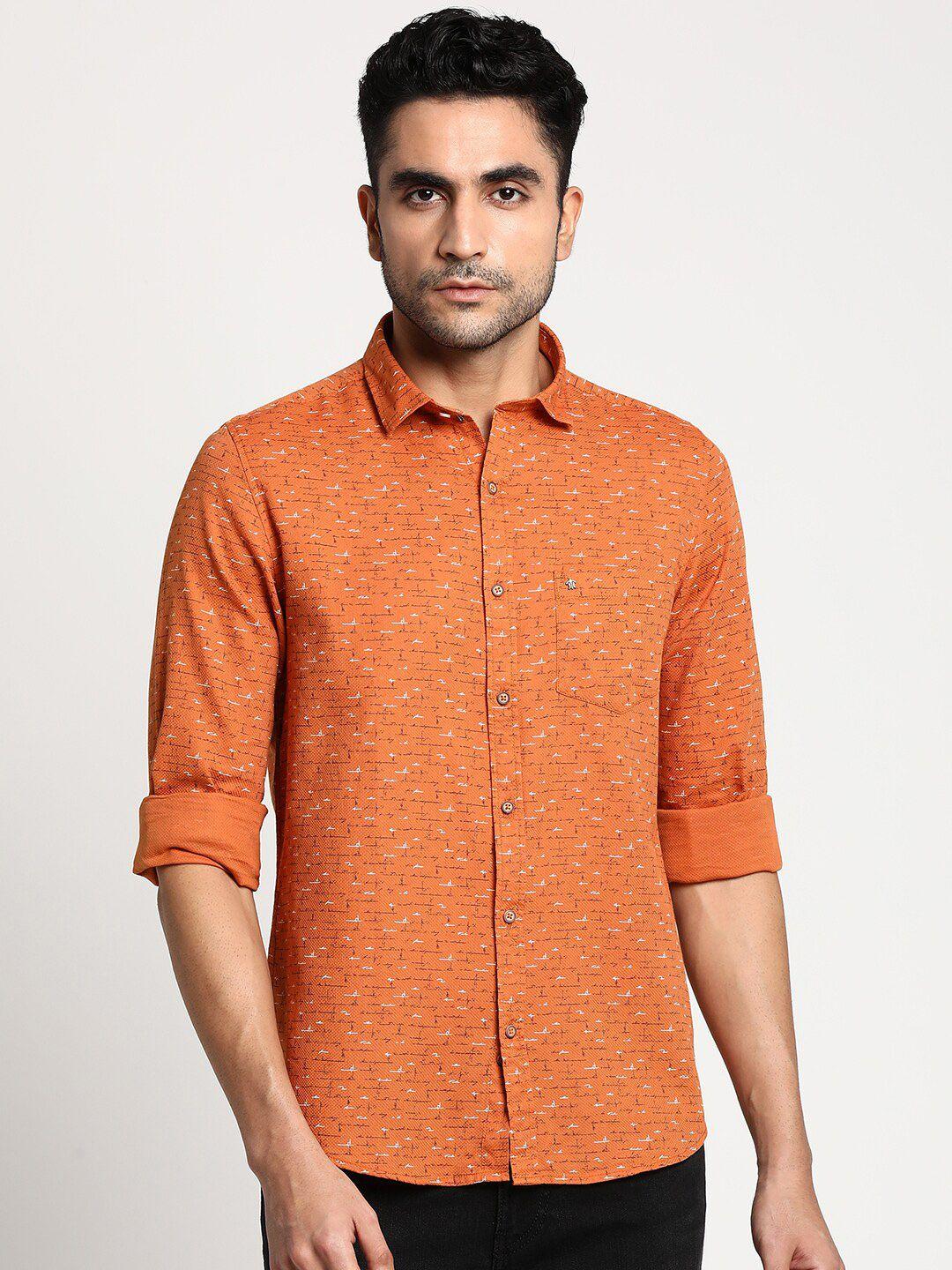 turtle men orange slim fit printed long sleeve casual shirt