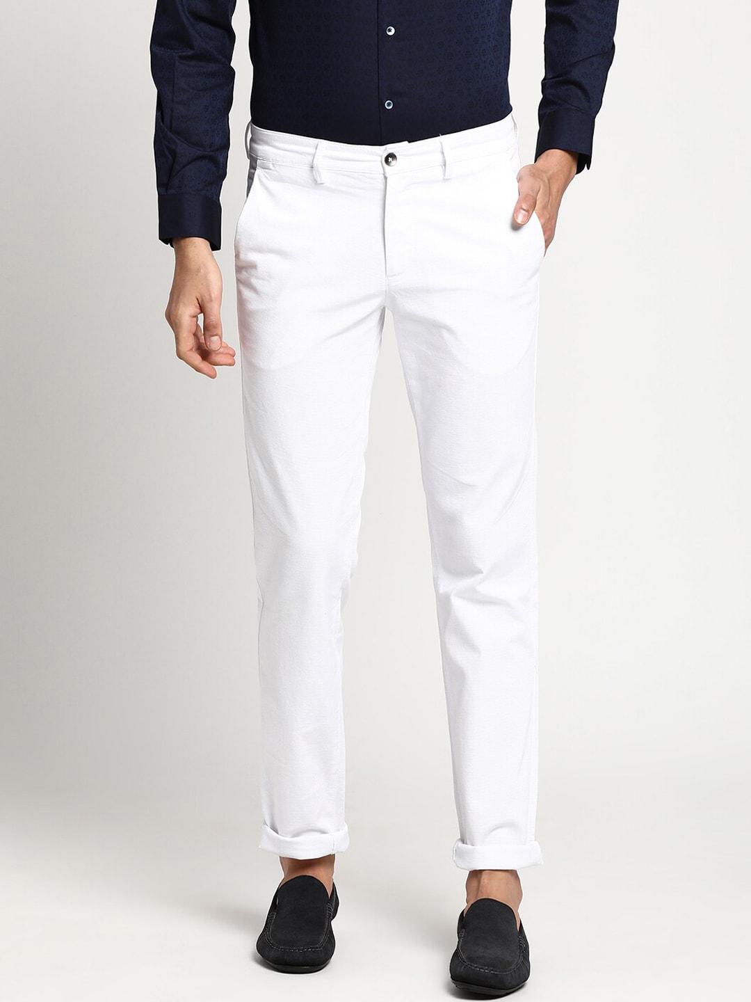 turtle men white solid cotton skinny fit chinos trousers