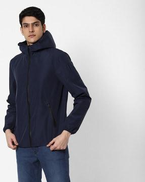 turtle-neck zip-front hooded jacket