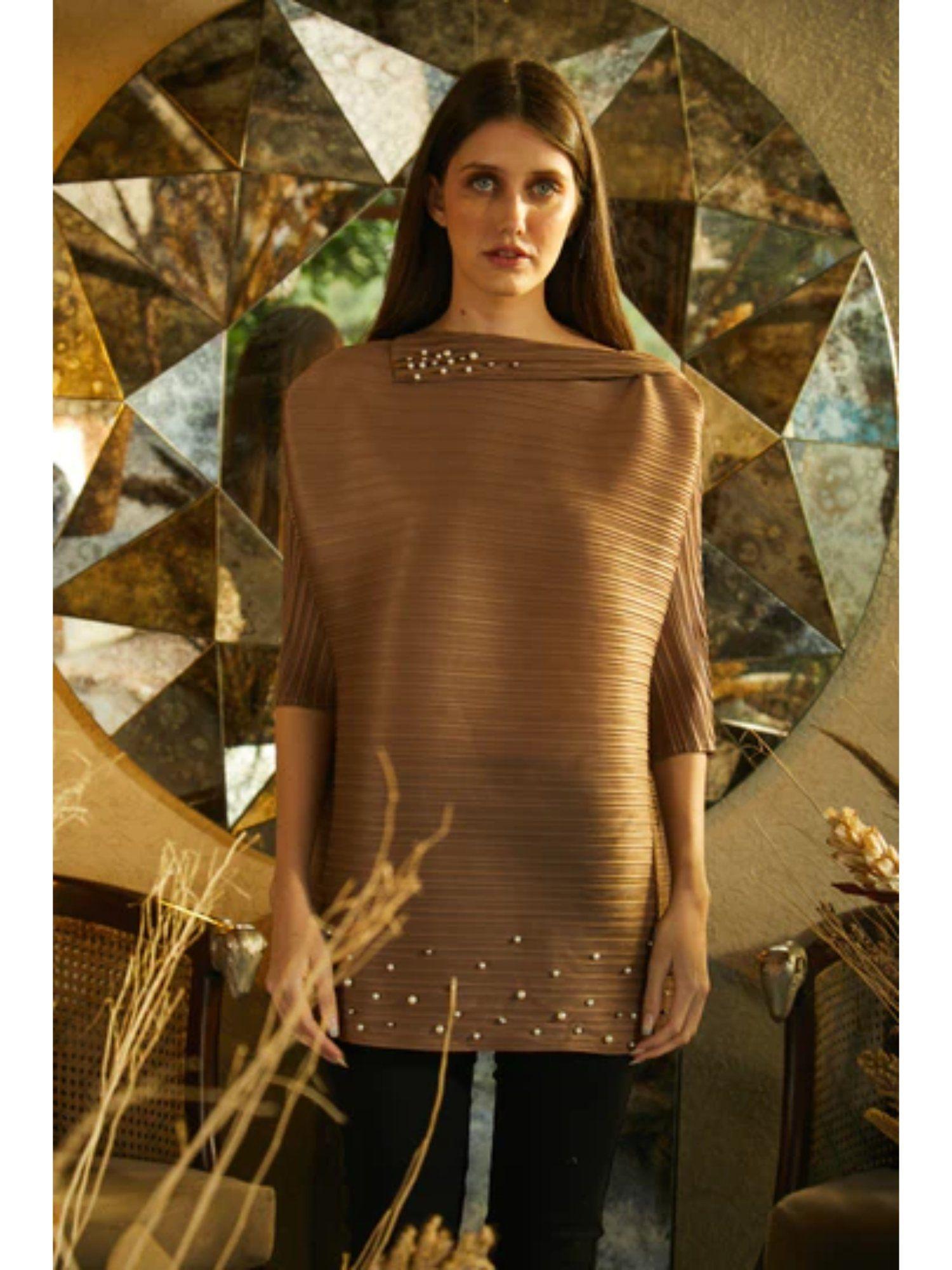 turtle top with pearl embellishment beige