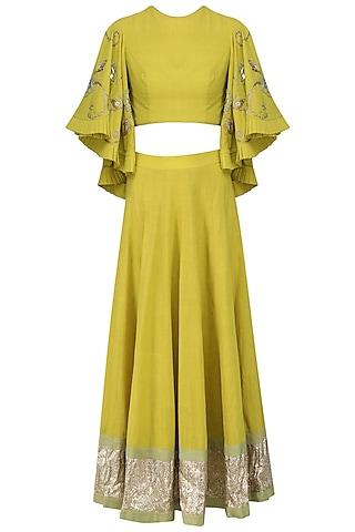 tuscan yellow embroidered crop top and ankle length skirt set