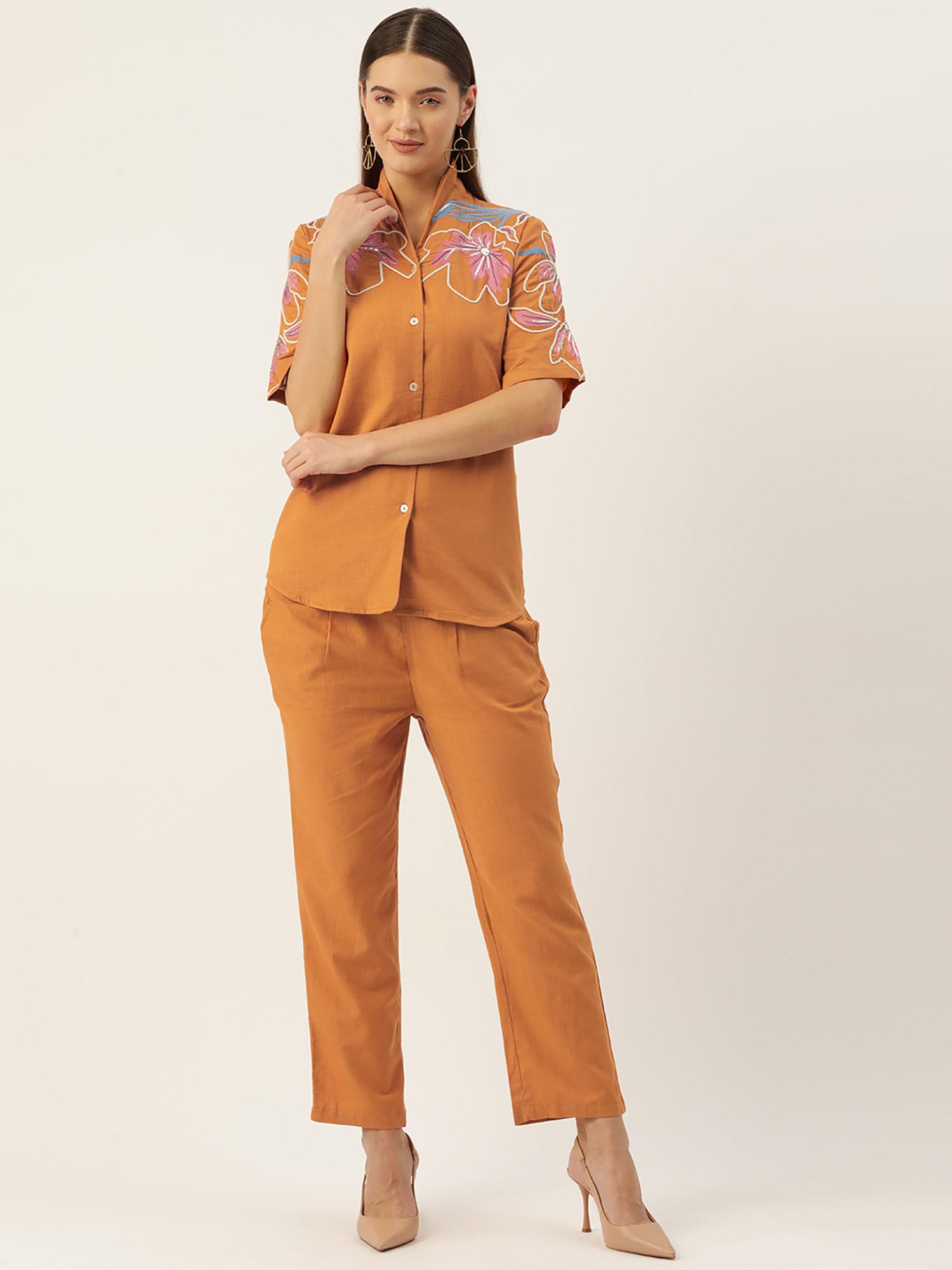 tushki orange embroidery cotton co-ord (set of 2)