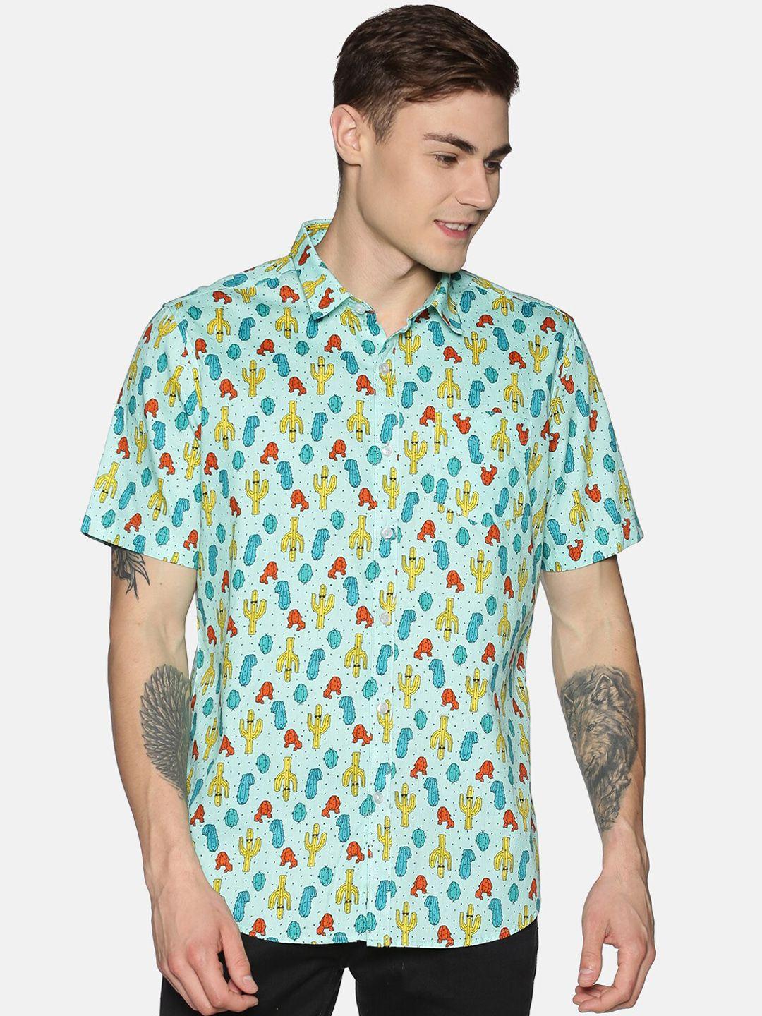 tusok men sea green regular fit printed casual shirt