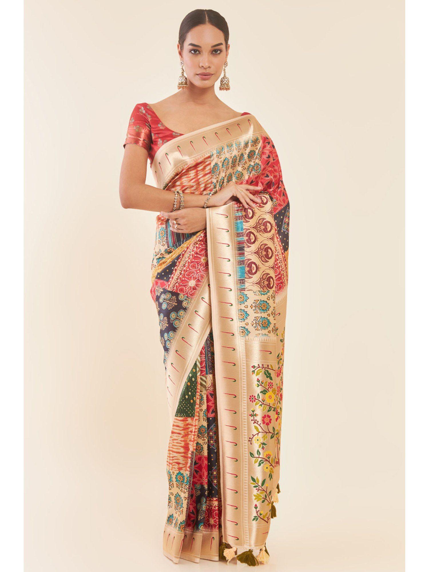 tussar saree with floral printed design and zari woven pallu with unstitched blouse