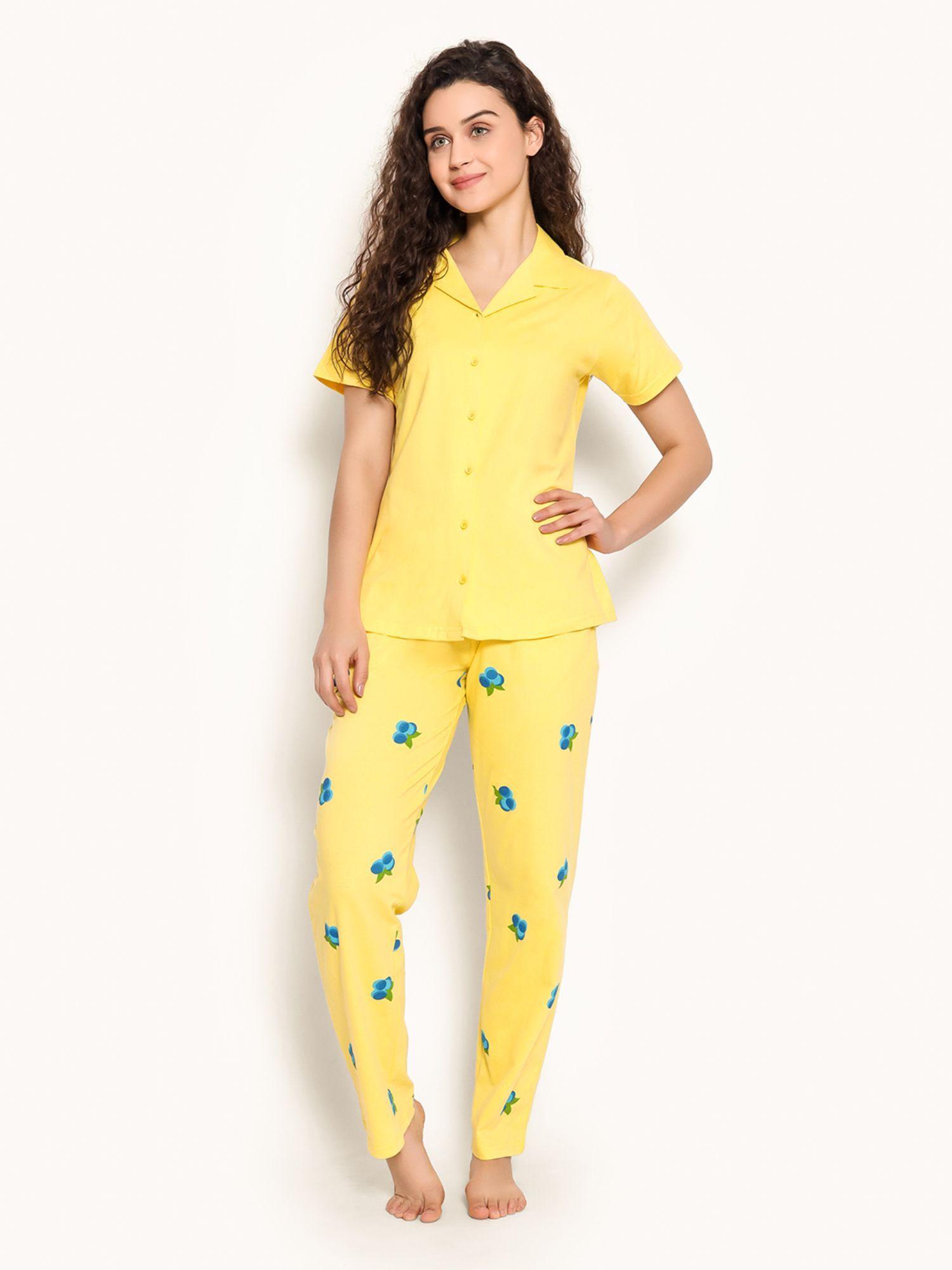 tutty fruity button down shirt & pyjama in yellow - cotton (pack of 2)