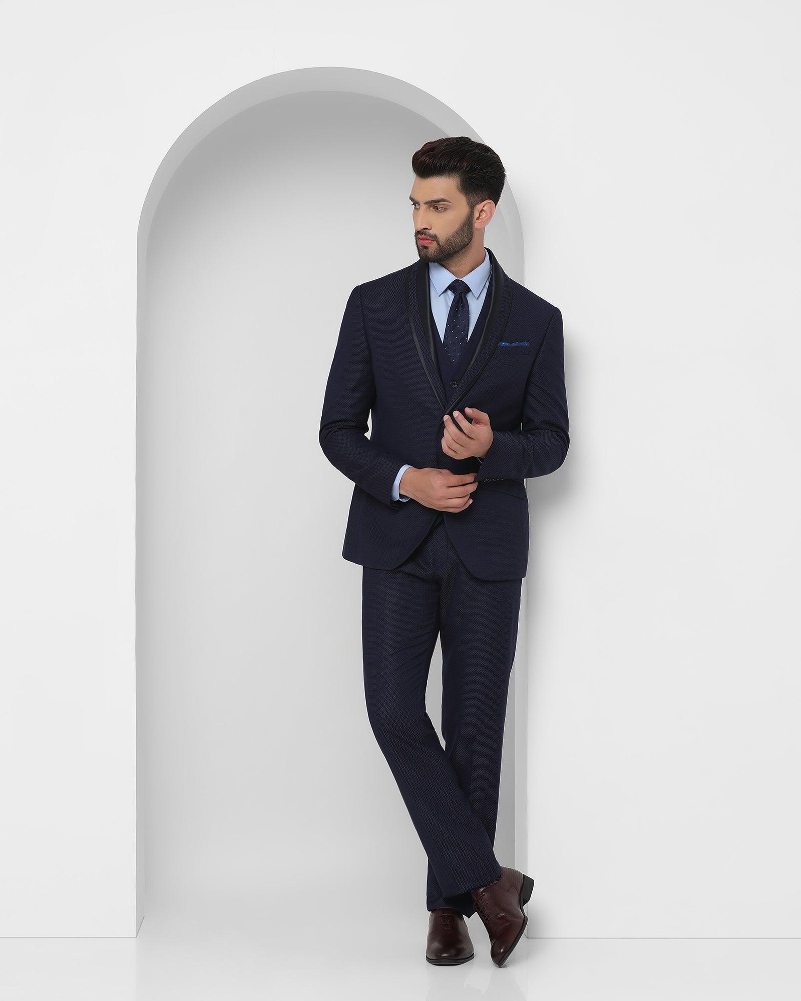 tuxedo three piece navy textured formal suit - fiesta