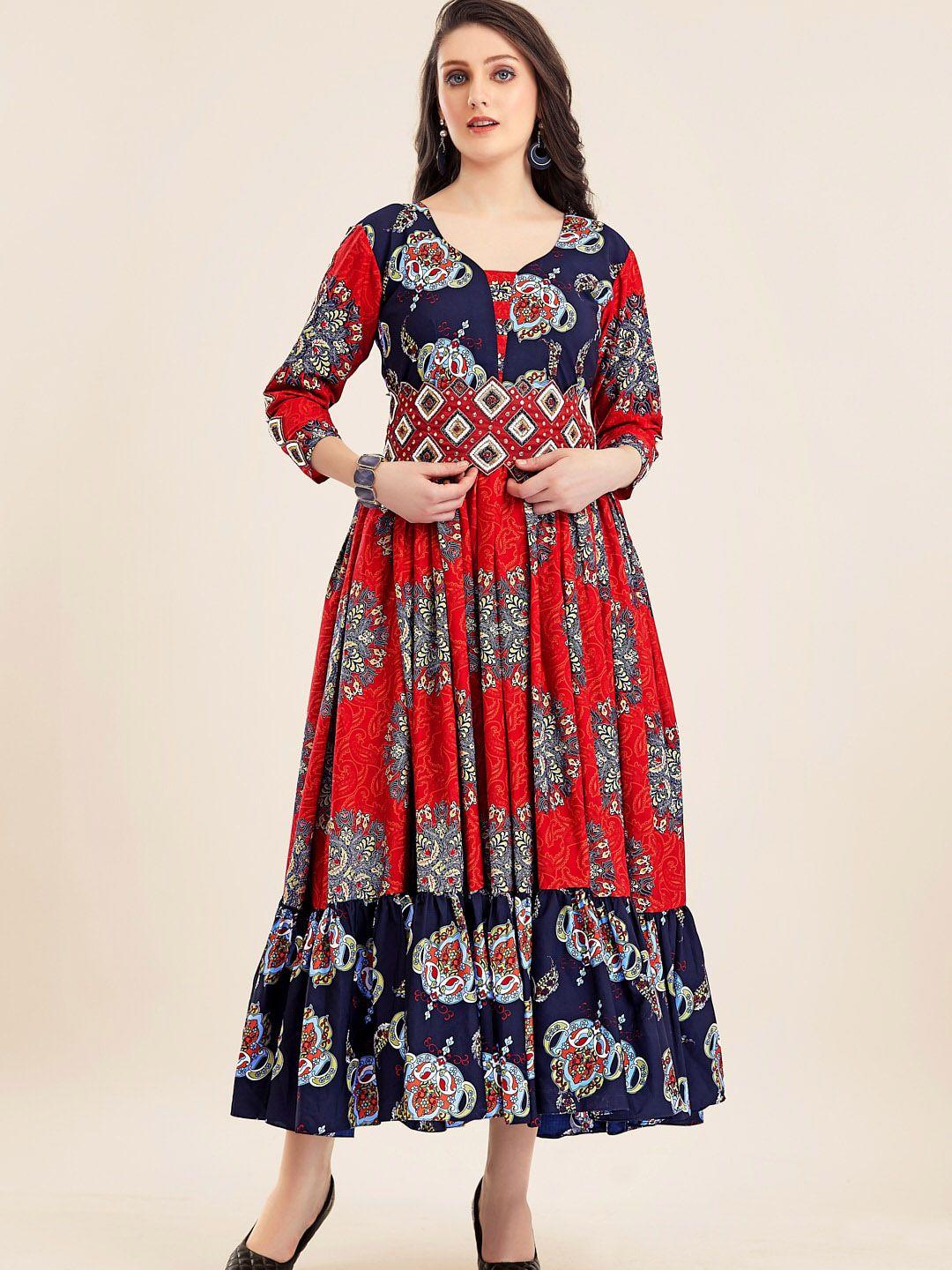 twam sundara embroidered & printed flared maxi ethnic dress with belt