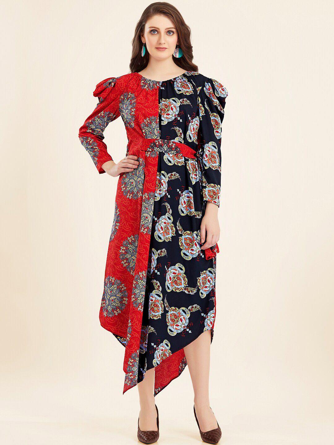 twam sundara floral printed puff sleeve a-line midi dress with belted