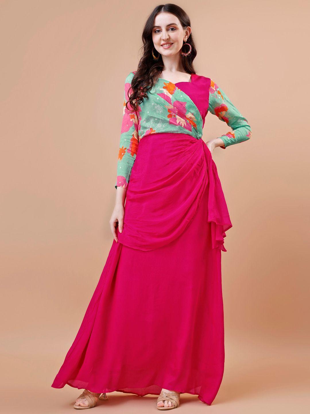 twam sundara floral printed sweetheart-neck fit & flare cotton maxi ethnic dress