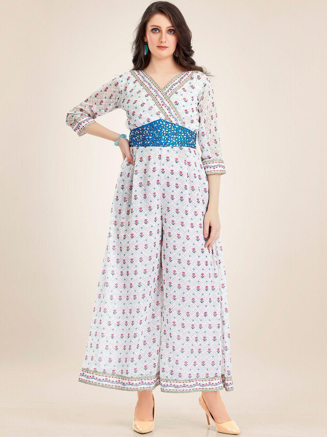 twam sundara printed v-neck cotton & georgette culotte jumpsuit with embroidered