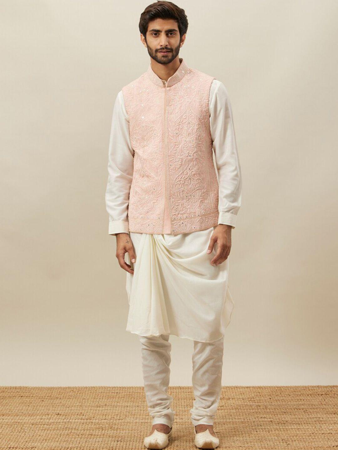 twamev embroidered mandarin collar regular kurta with churidar & nehru jacket