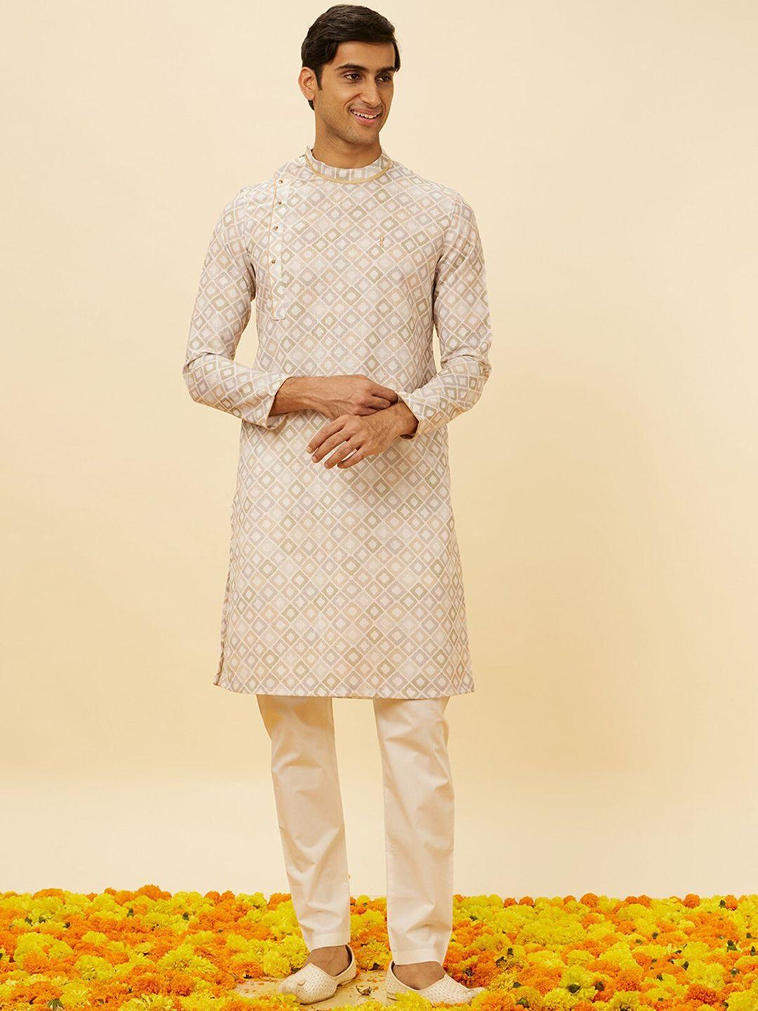 twamev geometric printed mandarin collar angrakha straight kurta with pyjamas