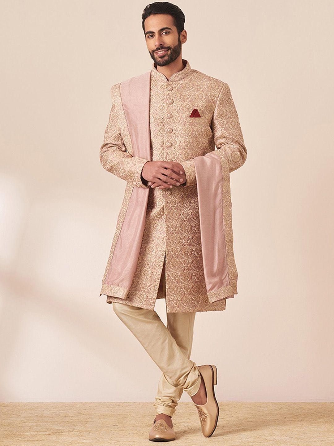 twamev embroidered mandarin collar sherwani set